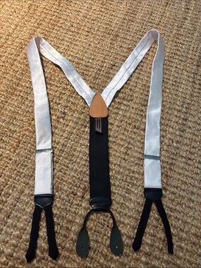 Trafalgar White Satin and Black Elastic Suspenders with Tan Leather Trim